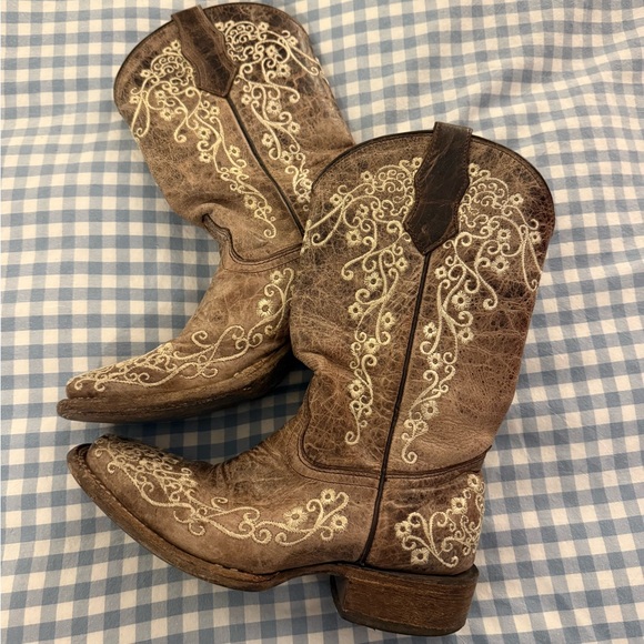 Corral Boots Shoes - Corral Brown Embroidered Western Heeled Boots Teen Size 2